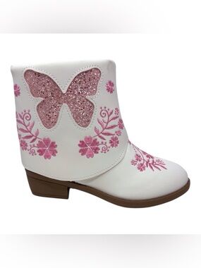 Western style boot white w/pink floral embroidery & glitter butterfly size 13